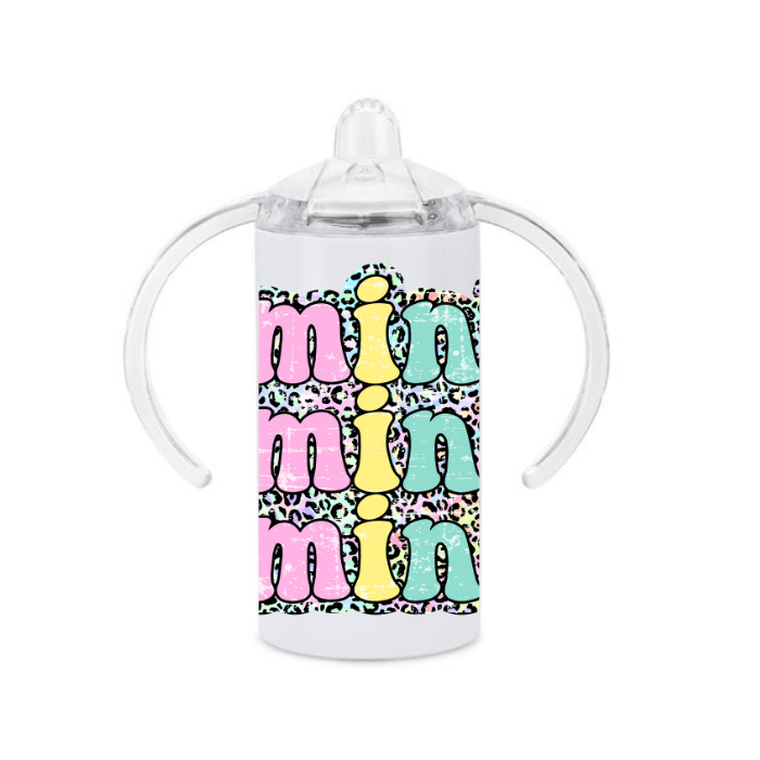 sippy cup with colorful 'mini' pattern on a white background, Fun toddler Gifts, Personalized Photo Tumber