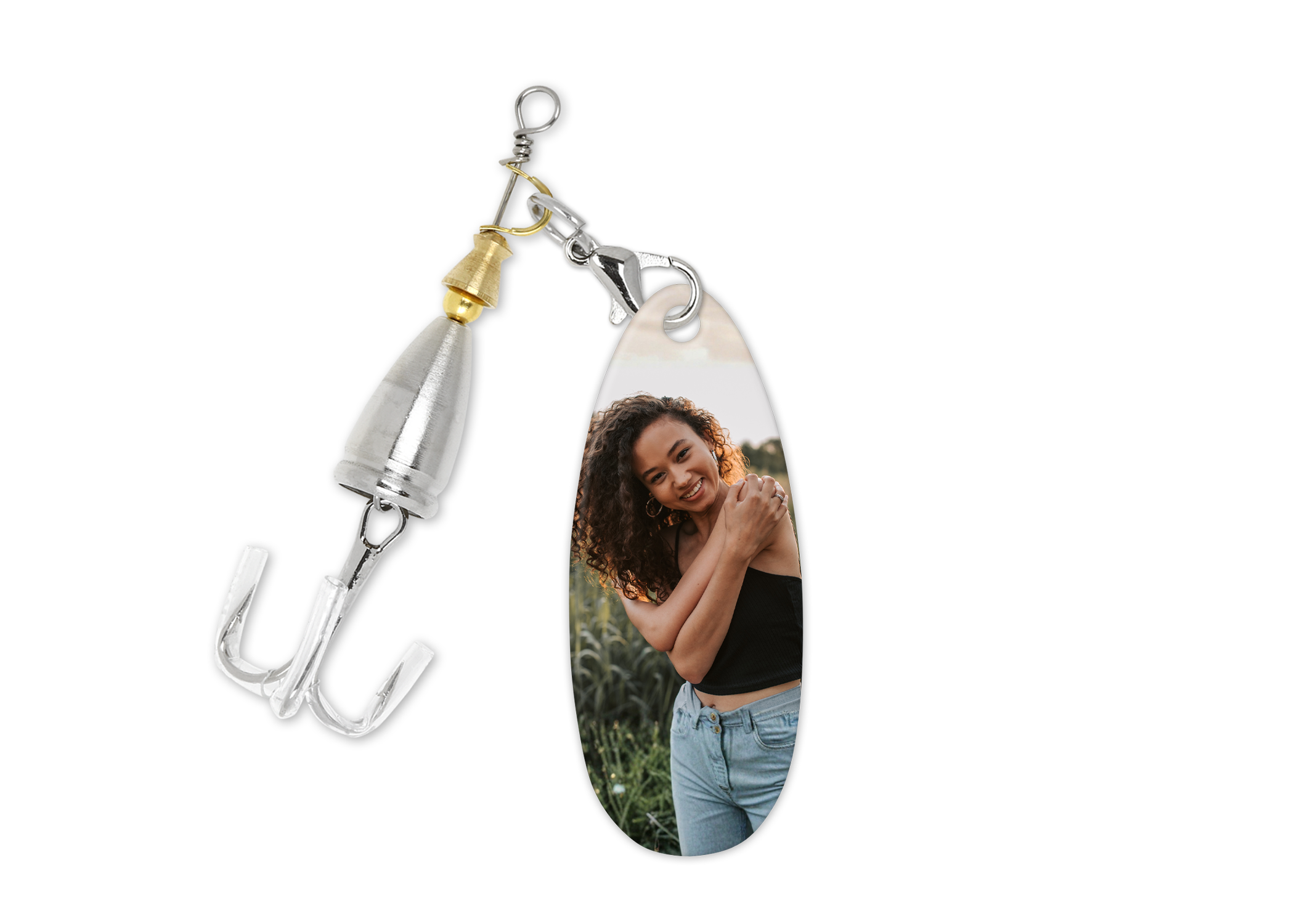 Fishing lure with a photo of a woman on a white background