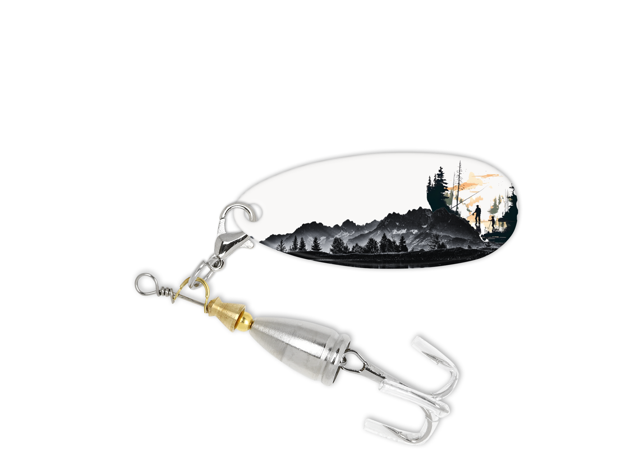 Fishing lure with a scenic design on a white background