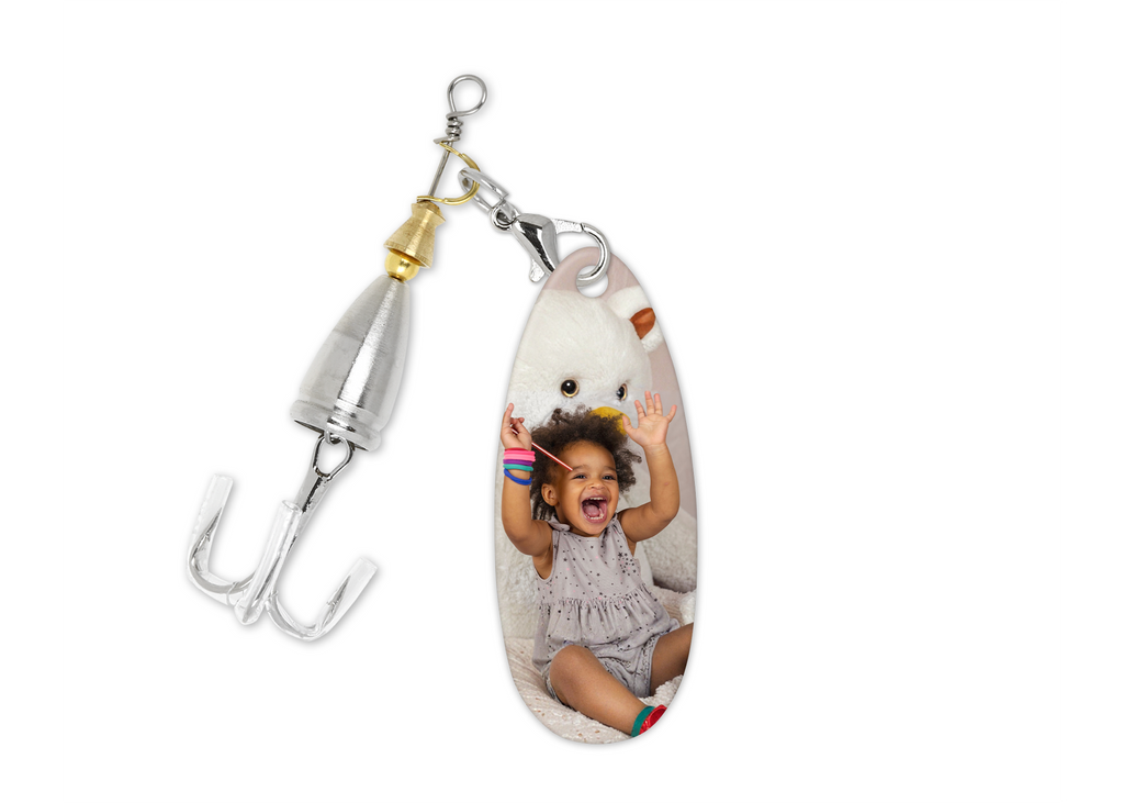 Personalized fishing lure with a photo of a child on a white background