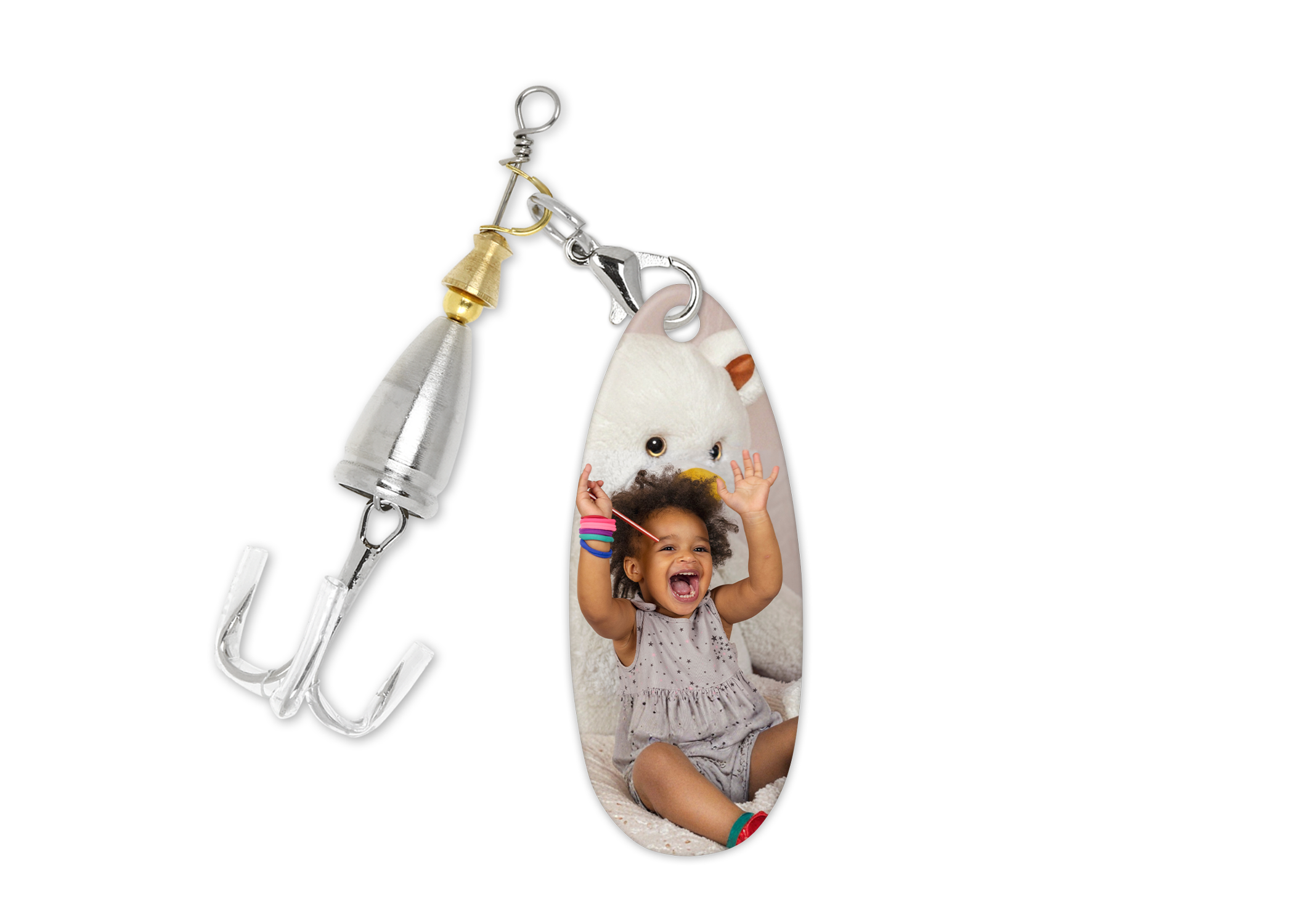Personalized fishing lure with a photo of a child on a white background