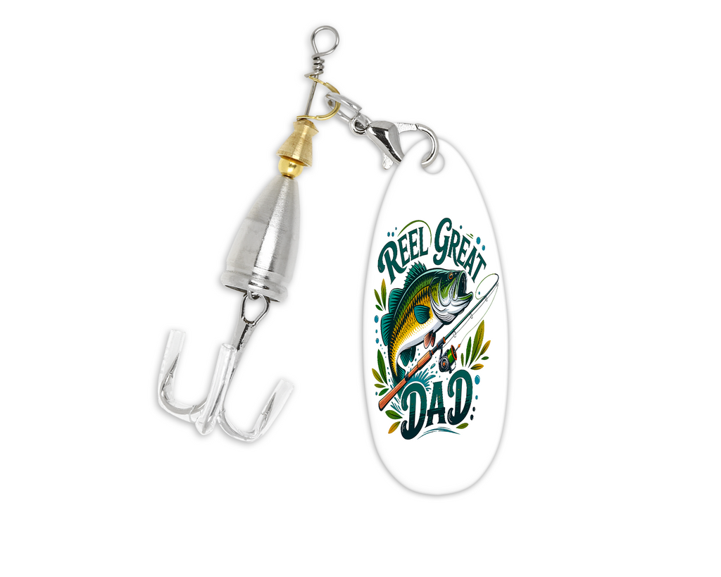Fishing lure with 'Reel Great Dad' text and fish illustration on a white background