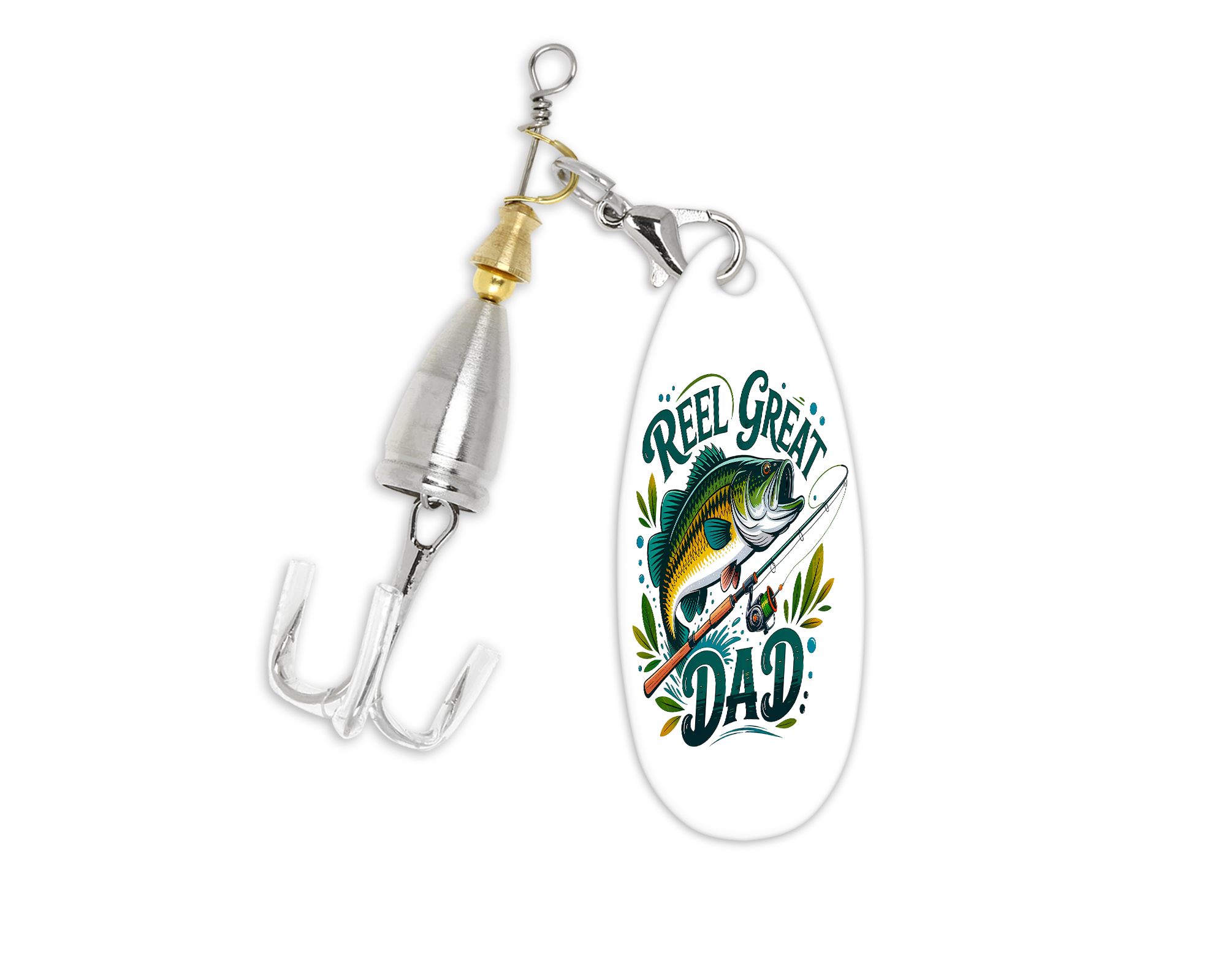 Fishing lure with 'Reel Great Dad' text and fish illustration on a white background