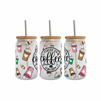 Fueled By Coffee And Sarcasm - 16 oz. Frosted Glass Can, Tumbler