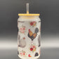 16 oz. Frosted Glass Can. Image contains Chickens. This is a view of the back side.