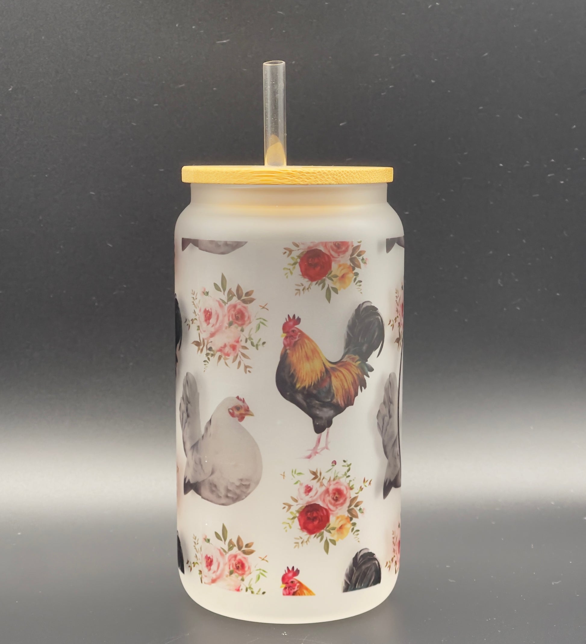 16 oz. Frosted Glass Can. Image contains Chickens. This is a view of the back side.