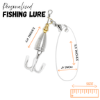 Personalized fishing lure with measurements on a white background