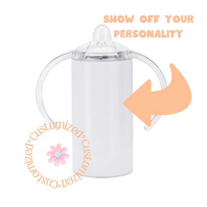 White sippy cup with clear handle and spout on a white background, featuring text and graphics.