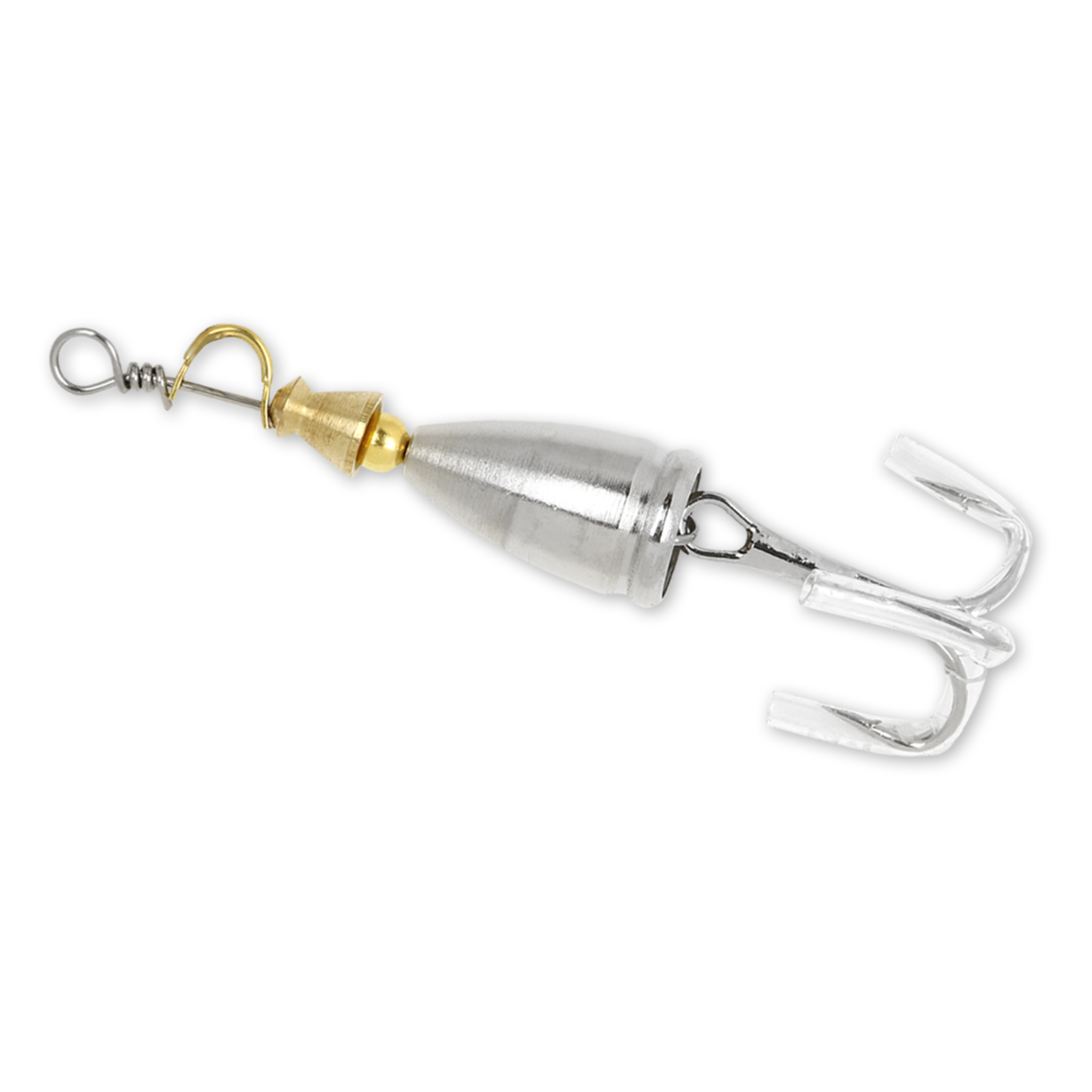 Metallic fishing lure with a Treble Hook  #6 on a white background