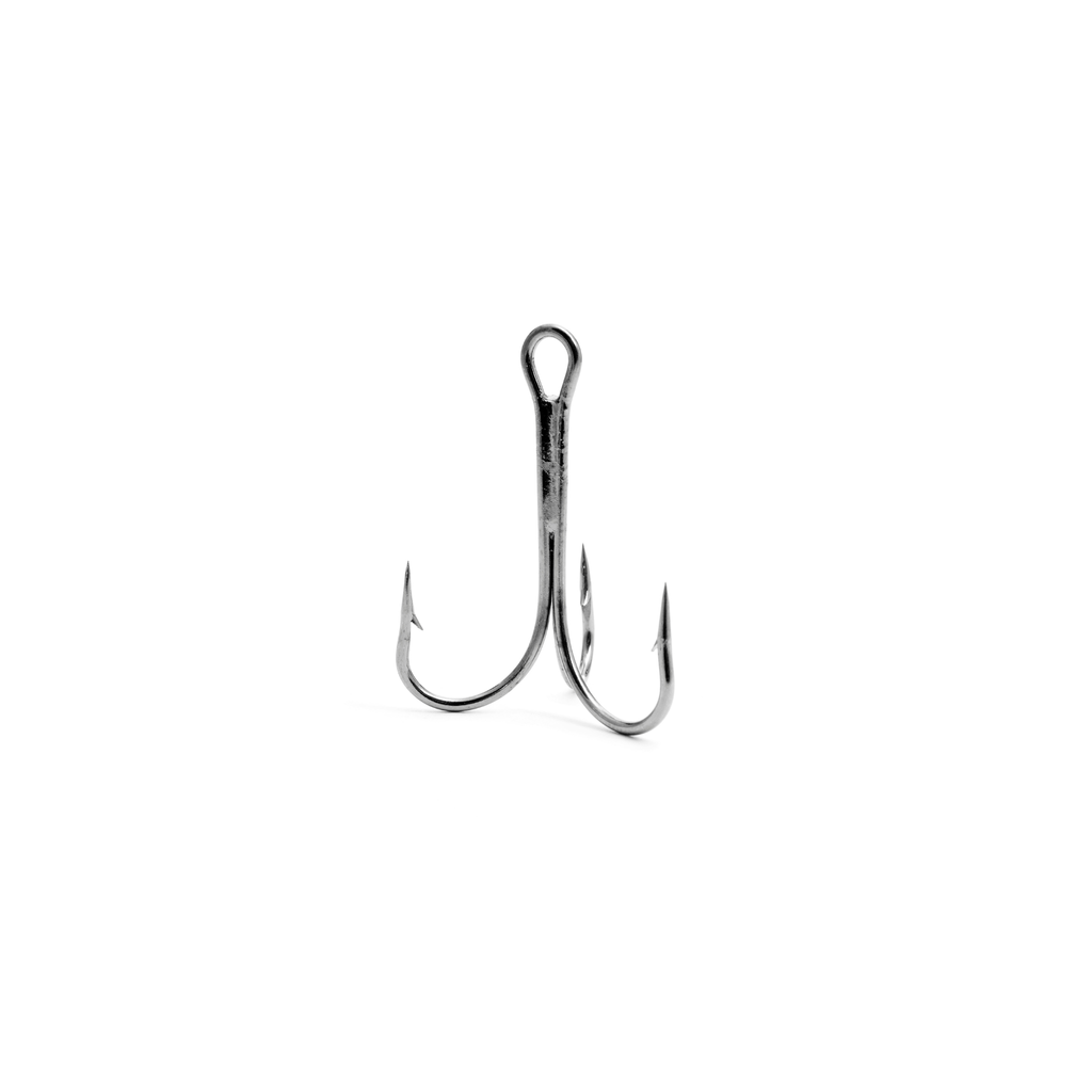 Single treble fishing hook on a white background