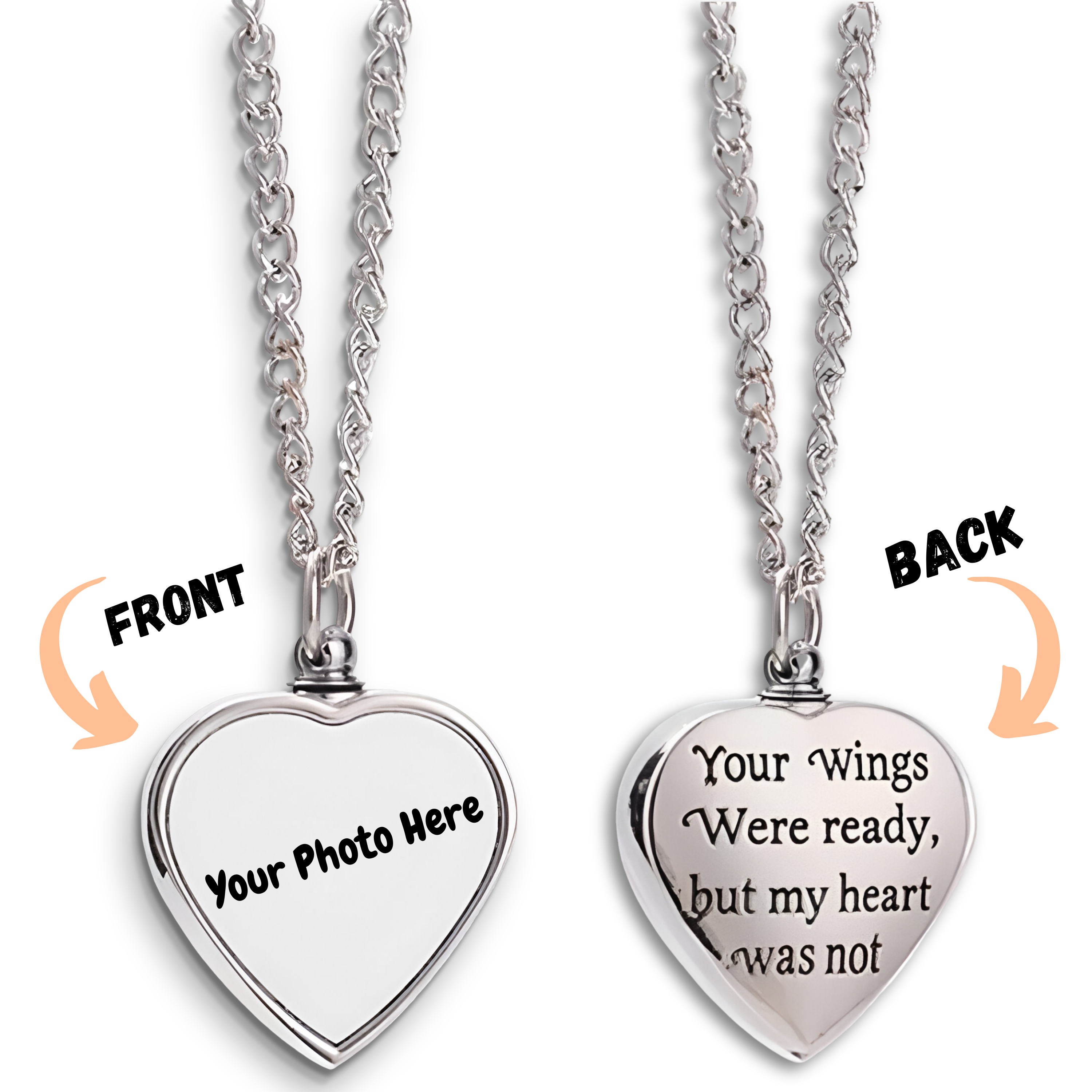 Heart-shaped silver pendant with the saying Your wings were ready but my heart was not.