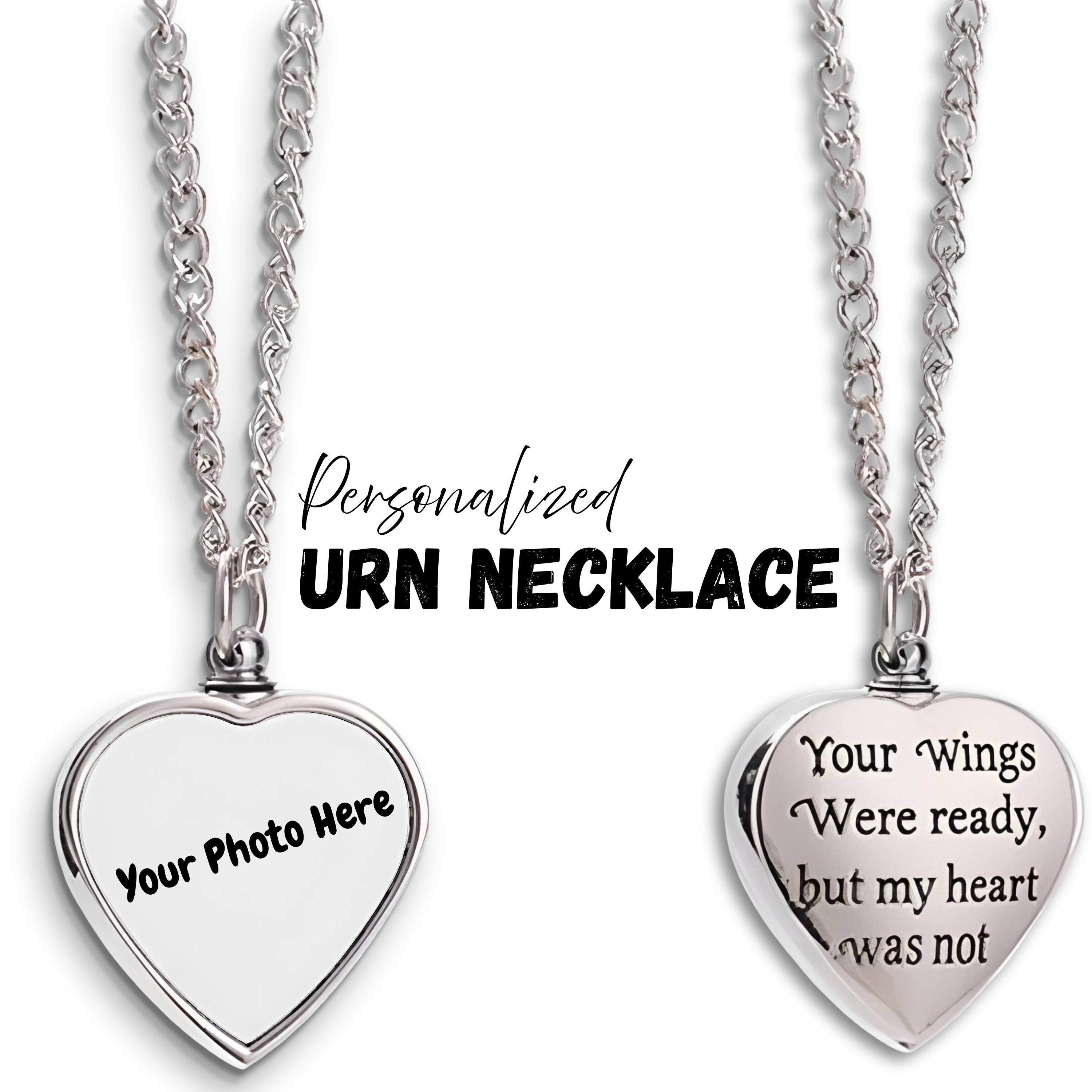 heart-shaped urn necklace with engraved text on back, says "your wings were ready , but my heart was not. Cremation Jewelry, heart urn necklace, ashes cremation memorial keepsake jewelry, cremation urn necklace, 