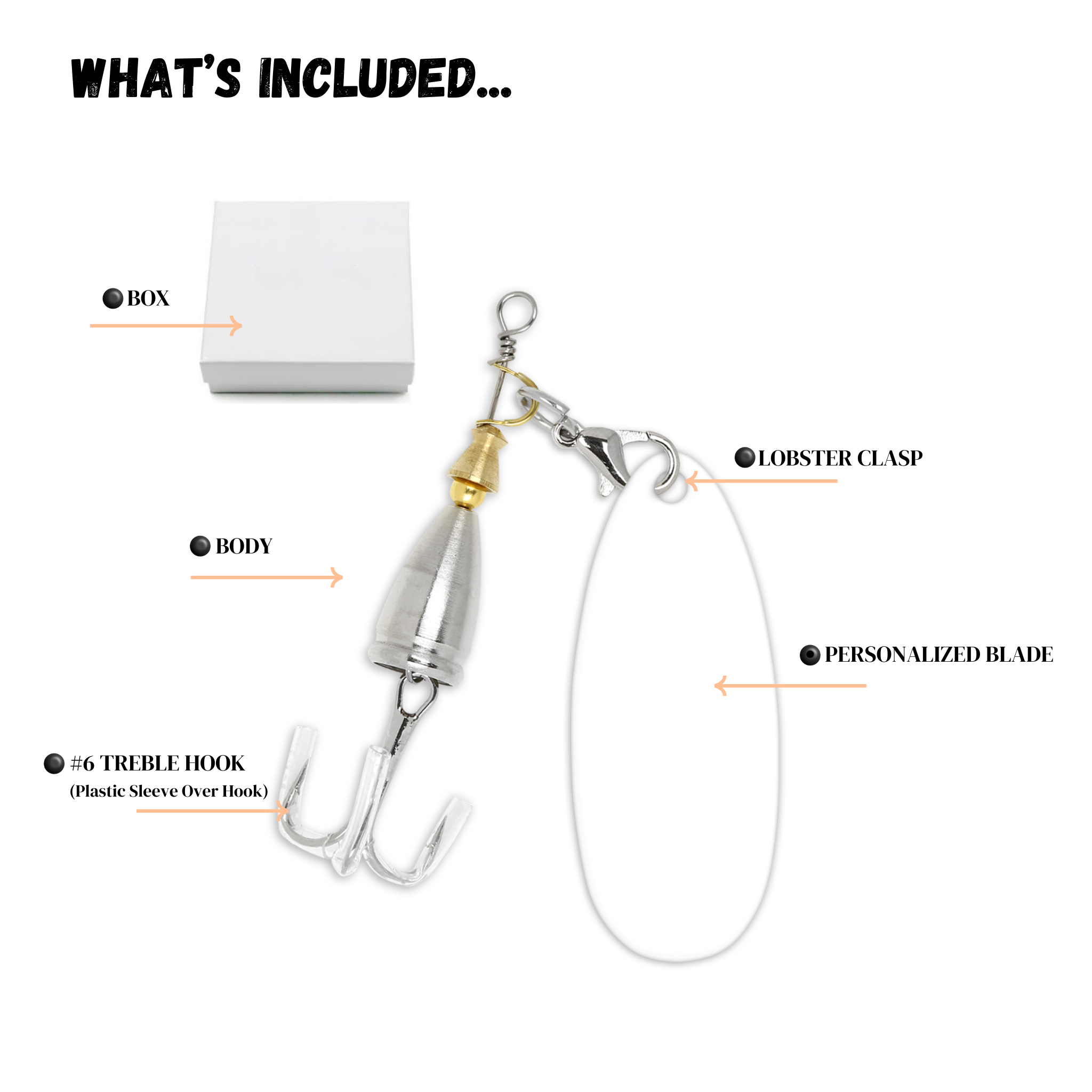 Fishing Lure, Box, Body, Treble Hook Lobster Claw Clasp, Personalized Blade