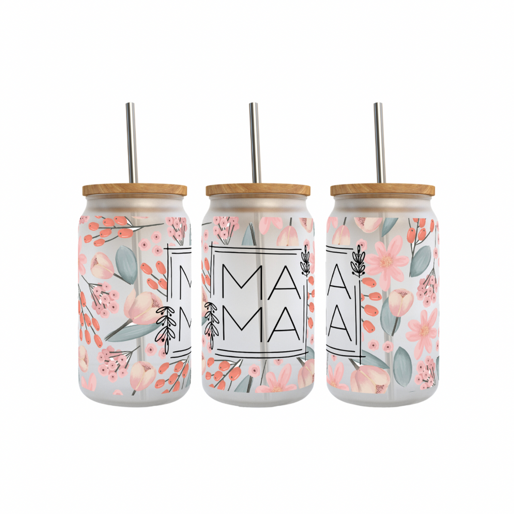 Three frosted glass tumblers with floral designs and the word 'Mama' written on them.
