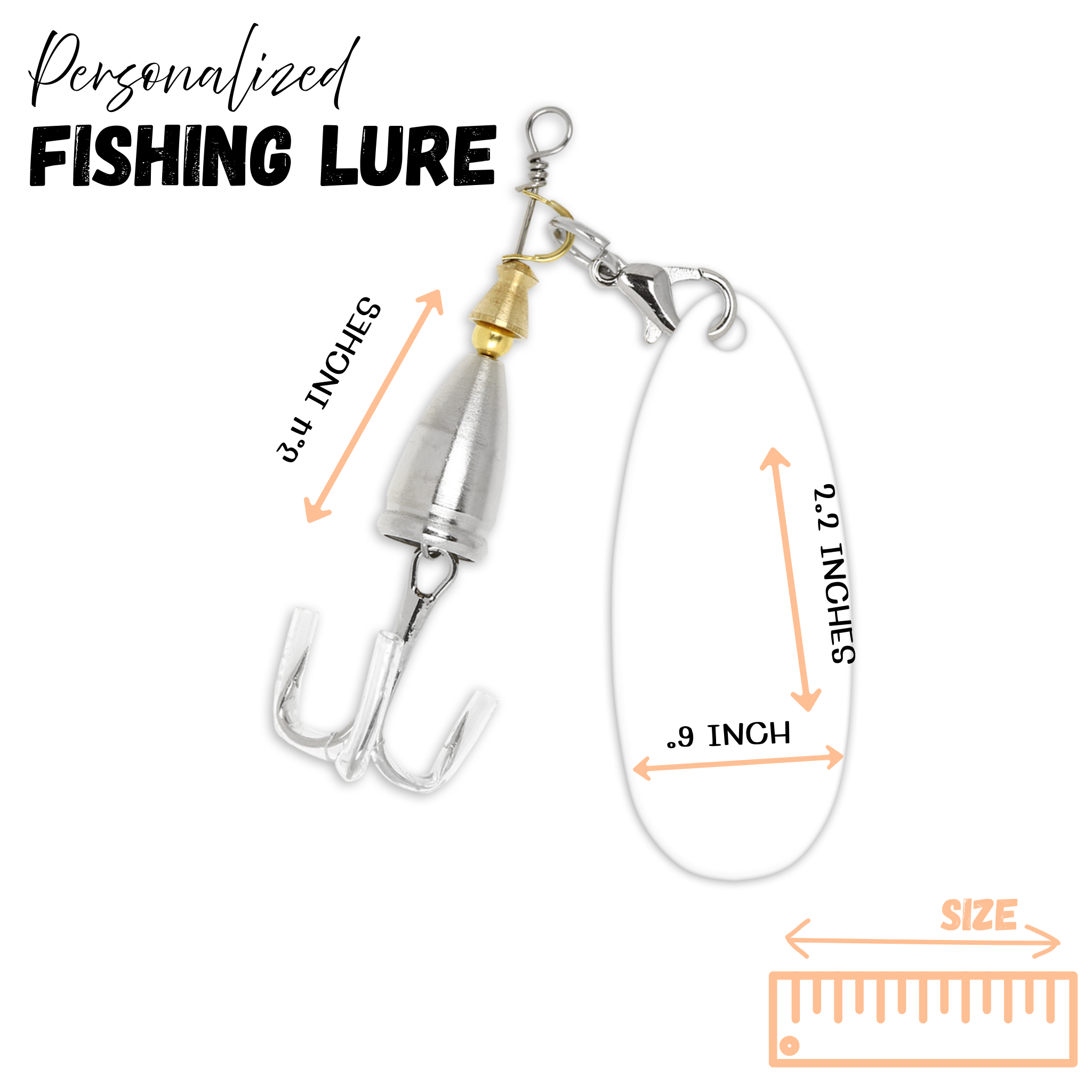 Personalized fishing lure with measurements on a white background