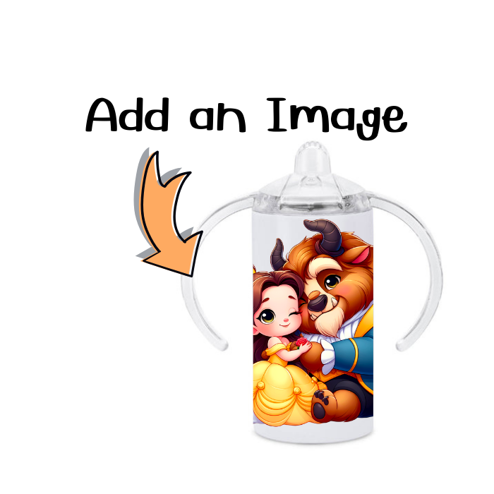 Sippy cup with cartoon design of a girl and a bear, labeled 'Add an Image'.