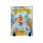 Memorial plaque with a portrait of an elderly man and text 'Rest In Paradise' on a blue background. Perfect Gift, In Loving Memory Gift