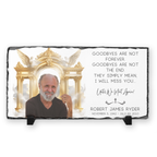 Memorial plaque with a photo of a man, angel wings, and a quote on a white background, Memorial Gift, In Loving Memory