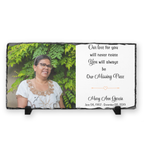 Memorial slate with photo of a woman and engraved text on a white background, Memorial Photo, Loss, In Loving Memory, Gift