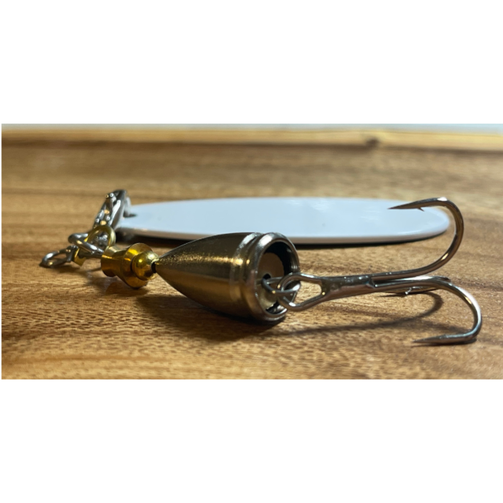 Fishing lure with a hook on a wooden surface, fishing Lure Side View